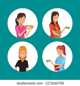 Set of people eating cartoons
