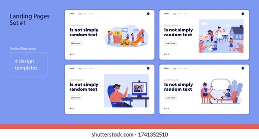 Set of people eating, cooking and talking. Flat vector illustrations of men and women spending time together. Technology and communication concept for banner, website design or landing web page