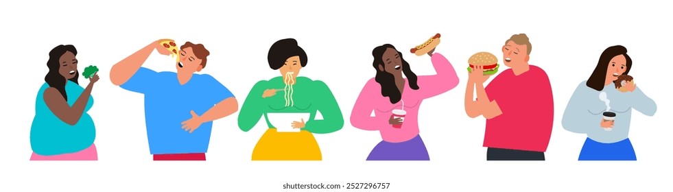 set of  people eating delicious food pizza burger hot dog noodles donut broccoli vector illustration