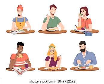 Set of people eating different food isolated. Vector man and woman, main courses and snacks, coffee and juice drinks. Lunchtime, fastfood snacks at home or at restaurant, grilled meat and beer