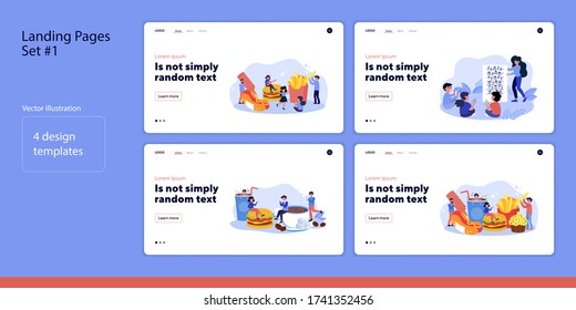 Set of people eating fast-food. Flat vector illustrations of men and women at lunch and playing music. Food and lifestyle concept for banner, website design or landing web page