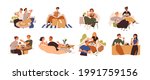 Set of people eating food at home, cafe and outdoors. Men and women relaxing and enjoying delivered meals, fastfood, pizza, cake. Colored flat graphic vector illustration isolated on white background