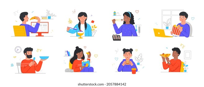 Set of people eating food at home. Men and women relax and eat pizza, burgers, ice cream, chicken or porridge. Delicious flavorful dishes. Cartoon flat vector collection isolated on white background