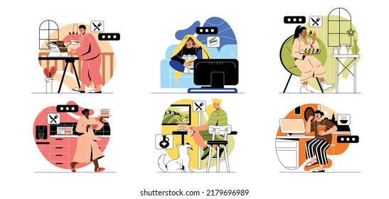 Gente comiendo comida en casa. Hombres y mujeres comen fideos, tortas, panecillos japoneses, crepes y palomitas de maíz para almorzar y relajarse en el apartamento. Colección vectorial plana de dibujos animados aislada en fondo blanco