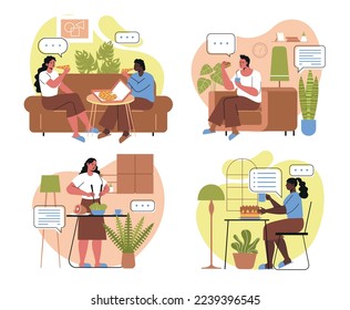 Set of people eating food at home. Men and women eat pizza, sandwich, vegetable salad or cake in living room or in kitchen. Healthy diet. Cartoon flat vector collection isolated on white background