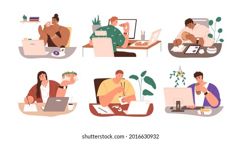 Set of people eating food at office desk at work. Busy person working with computer during lunch.Man and woman having meal at workplaces. Flat vector illustrations isolated on white background