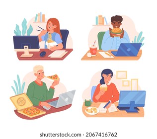 Set of people eating food at office. Men and women eat noodles, pizza, burger and cupcake. Freelancer has snack or lunch in workspace. Cartoon flat vector illustration isolated on white background