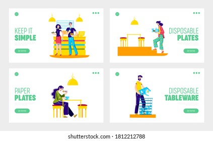Set of people eating from paper tableware in fast food restaurants. Template landing pages collection for disposable dish eco friendly for recycling. Cartoon vector illustration