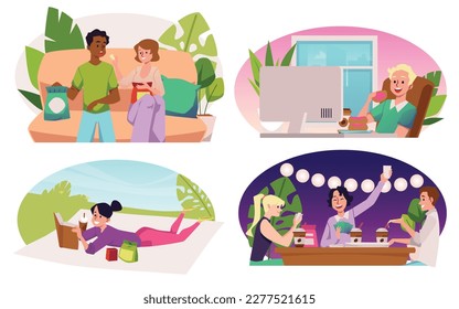 Set of people eating snacks, flat vector illustration isolated on white background. Man wats donuts in front of computer, couple relaxing with chips on couch, friends playing cards and eating.
