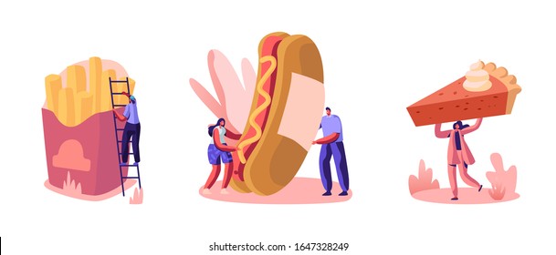 Set of People Eating Street Fast Food in Cafe, Junk Meal, Unhealthy Nutrition. Tiny Male Female Characters Interacting with Huge French Fries, Hot Dog and Pumpkin Pie. Cartoon Flat Vector Illustration