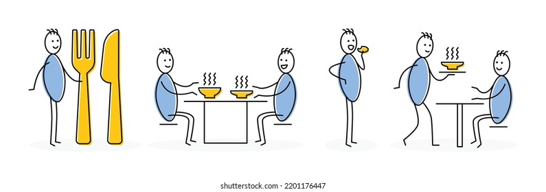 Set of people eating symbol. Containing stickman or stick figure with fork and knife, eat on table and waiter serving food in graphic design. Restaurant concept.