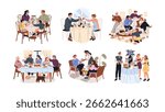 Set of people eating at the table together. Family with kids has a dinner at home. Friends are meeting at lunch. Couple celebrates in restaurant. Flat isolated vector illustrations on white background