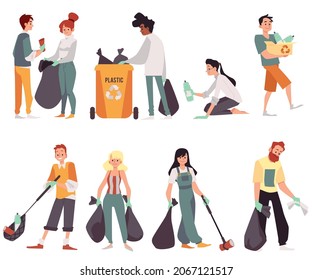 Set People Ecoactivists Collecting Garbage Containers Stock Vector ...