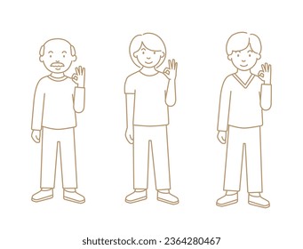 Set of people (elderly man, young woman, young man) with ok gesture in line art style.