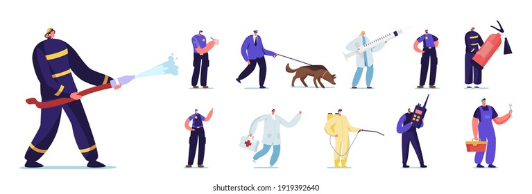Set of People Emergency Workers. Male and Female Characters Police Officer with Dog , Fire Fighter, Doctor and Plumber with Pest Control Isolated on White Background. Cartoon Vector Illustration