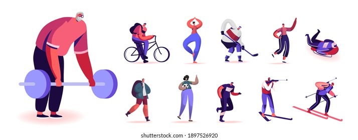 Set of People Engage Sports Activity. Male or Female Young and Mature Characters Training in Gym with Weight, Skiing, Riding Bicycle, Football Isolated on White Background. Cartoon Vector Illustration