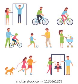 A set of people engaged in an active lifestyle, family. Vector illustration in simple style on white isolated background.