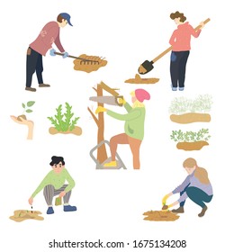 A set of people engaged in agriculture. Women and men, young and old, are digging up, loosening a rake, planting seeds of plants, sawing off old branches of trees. Concept: gardening, agriculture.