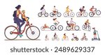 Set Of People Engaging In Bicycle Rides And Other Wheeled Activities. Family, Friends, Kids And Riders Enjoying Outdoor