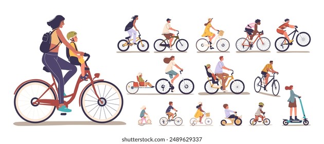 Conjunto De Personas Que Participan En Paseos En Bicicleta Y Otras Actividades Sobre Ruedas. Familia, Amigos, Niños Y Jinetes Disfrutando Al Aire Libre