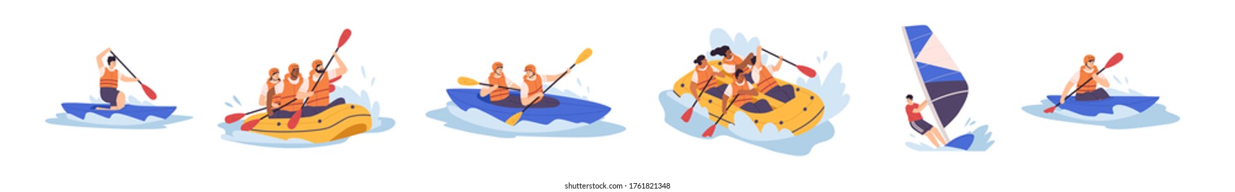 Set of people enjoy active water sports vector illustration. Collection of extreme man and woman rafting, kayaking, canoeing and sailing isolated. Diverse person in protective helmet and vest