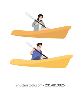 set of people enjoy active water sports illustration. man and woman canoeing and sailing isolated. Diverse person in sport vector cartoon illustration isolated on white background