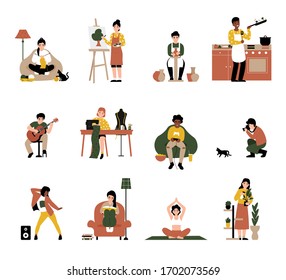 Set people enjoy their favorite hobbies. Flat vector cartoon modern illustration. Knitting, drawing, potter, cooking, play guitar, sewing, play console, photograph, dancing, reading, yoga, gardening.