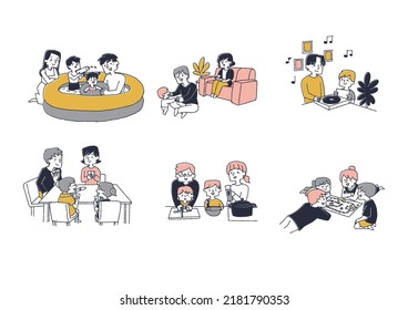  Set of people enjoying family time at home Comical handwritten person vector, warm line drawing