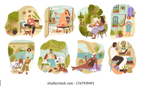 Set of people enjoying slow life vector flat illustration. Collection of man and woman relaxing, surfing internet, sunbathing, walking, drinking wine. Diverse person resting at home, park or beach