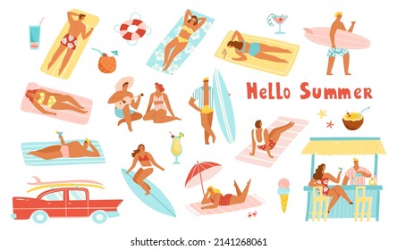 Set of people enjoying summer vacation on the beach. Vector illustration of men and women sunbathing and surfing. Tiki bar with tropical drinks. Trendy retro style.