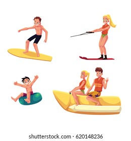 Set of people enjoying summer water activities - banana boat, surfing, water ski, inflatable ring, cartoon vector illustration isolated on white background. People having fun from water activities