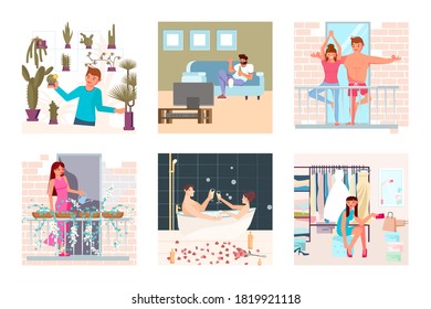 Set of people enjoying their free time at home, performing leisure activities, exercises, doing hobbies and have relax. Flat Art Vector Illustration