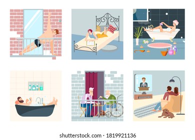 Set of people enjoying their free time at home, performing leisure activities, exercises, doing hobbies and have relax. Flat Art Vector Illustration