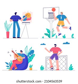 Set of people enjoying their hobbies, work, leisure. Men playing football, basketball, learning gitar, drawing. Designer and artist at work and musician. Vector illustration in flat cartoon style.