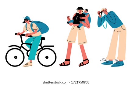 Set of people enjoying travelling and exploring world vector illustration