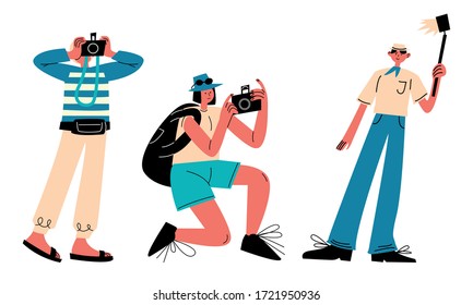 Set of people enjoying travelling and exploring world with camera vector illustration