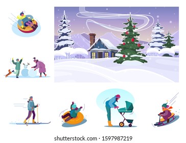 Set of people enjoying winter holidays. Flat vector illustrations of family making snowman, woman skiing and walking with child. Winter holidays concept for banner, website design or landing web page