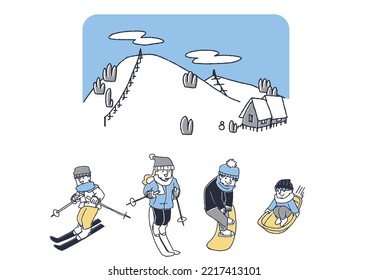 Set of people enjoying winter sports