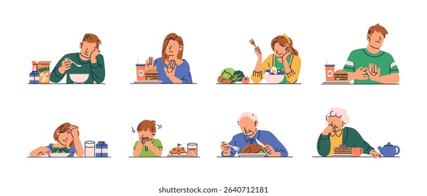 Set of people at every age with no appetite, refusing to eat and skipping meals for reasons such as dieting, health, illness, picky, and age. Flat vector illustration isolated on white background