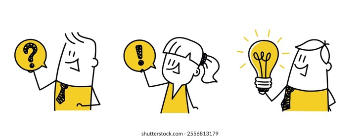Set of people with exclamation mark, question, light bulb. Hand drawn vector illustration. Black and white.