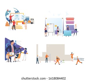 Set of people executing professional tasks. Flat vector illustrations of employees busy at work. Professional occupation, planning, recruitment concept for banner, website design or landing web page