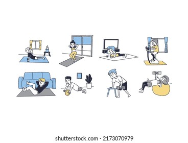 A set of people exercising at home, a comical handwritten person vector, a warm line drawing

