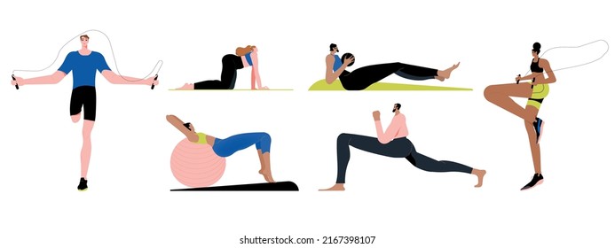 Set of people exercising with sports equipment, vector flat illustration. Collection of men, women doing exercises with fitness ball, skipping rope, yoga class and stretching.