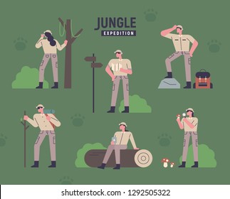 A Set Of People To Explore The Jungle. Linear Shape Stylish Character Design. Flat Design Style Minimal Vector Illustration 