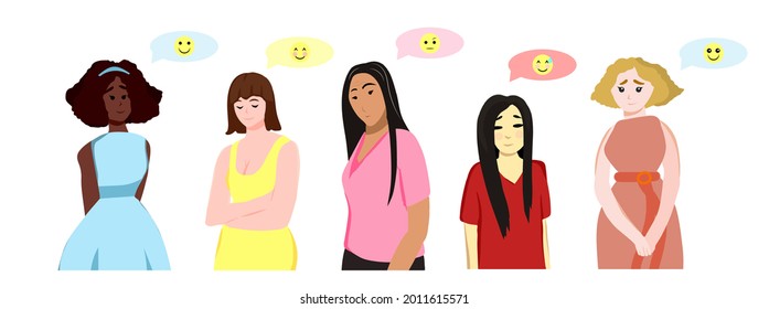 A set of people expressing different emotions. Smile, embarrassment, bewilderment, surprise, request. Flat cartoon illustration. Womens.