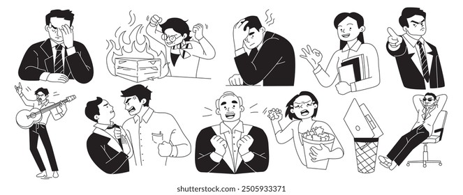 Set of people expressing emotions. Hand drawn doodle characters office workers with different emotions on their faces. Outline black and white vector illustration collection isolated on background