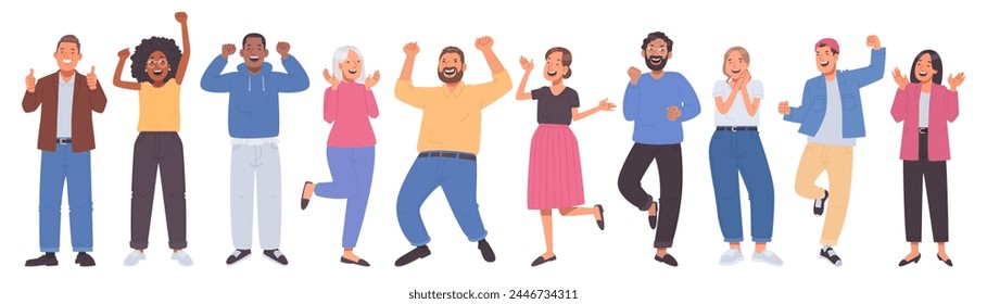 Conjunto de personas que expresan emociones de alegría y felicidad. Hombres y mujeres felices y jubilosos en pleno crecimiento sobre un fondo blanco. Ilustración vectorial en estilo plano