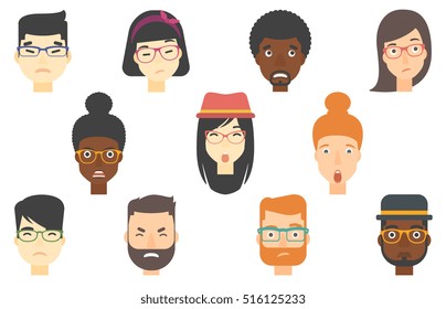 Gente que expresa emociones faciales. Conjunto de caras humanas deprimidas. Gente en depresión. Caras humanas que expresan depresión. Conjunto de ilustraciones de diseño plano vectorial aisladas en fondo blanco.