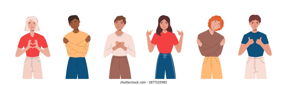 Set of people expressing positive emotions, smiling , making hand gestures and hugging themselves. Concept of self love and self-acceptance. Flat cartoon illustration