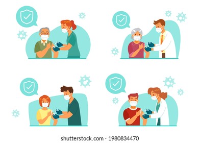 Set of people with face mask getting vaccinated by doctor or nurse. Covid-19, Coronavirus vaccination concept.